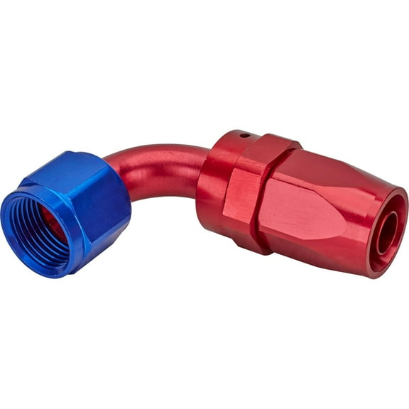 Full Flow Swivel Hose End Fitting, 90 Degree, Red/Blue, -8 AN