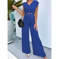 thumbnail image 3 of Women'S Summer 2 Piece Outfits 2025 Cap Sleeve V Neck Belted Crop Tops Wide Leg Pants Sets Casual Tracksuit Blue XXL, 3 of 5