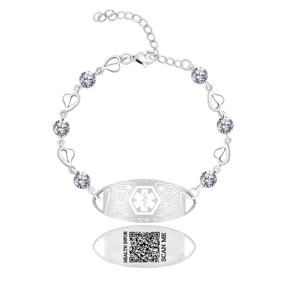 Editable QR Code Medical Alert Bracelet for Women | Stainless Steel & CZ Crystal Floral ID Bracelet | Laser Engraved Dynamic Medical Info Jewelry for Travel & Daily Wear