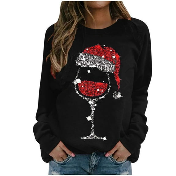Zpanxa Womens Christmas Sweatshirt Red Wine Glass Santa Hat Graphic Sweater