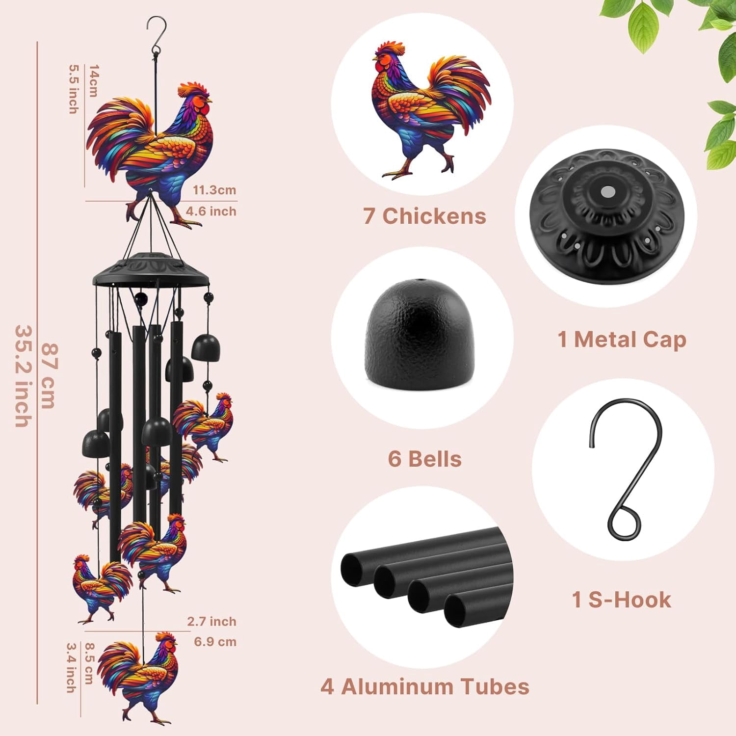 Chicken Wind Chimes for Outside 35.2", Metal Outdoor Windchimes, Garden Decor Gifts for Chicken Lovers
