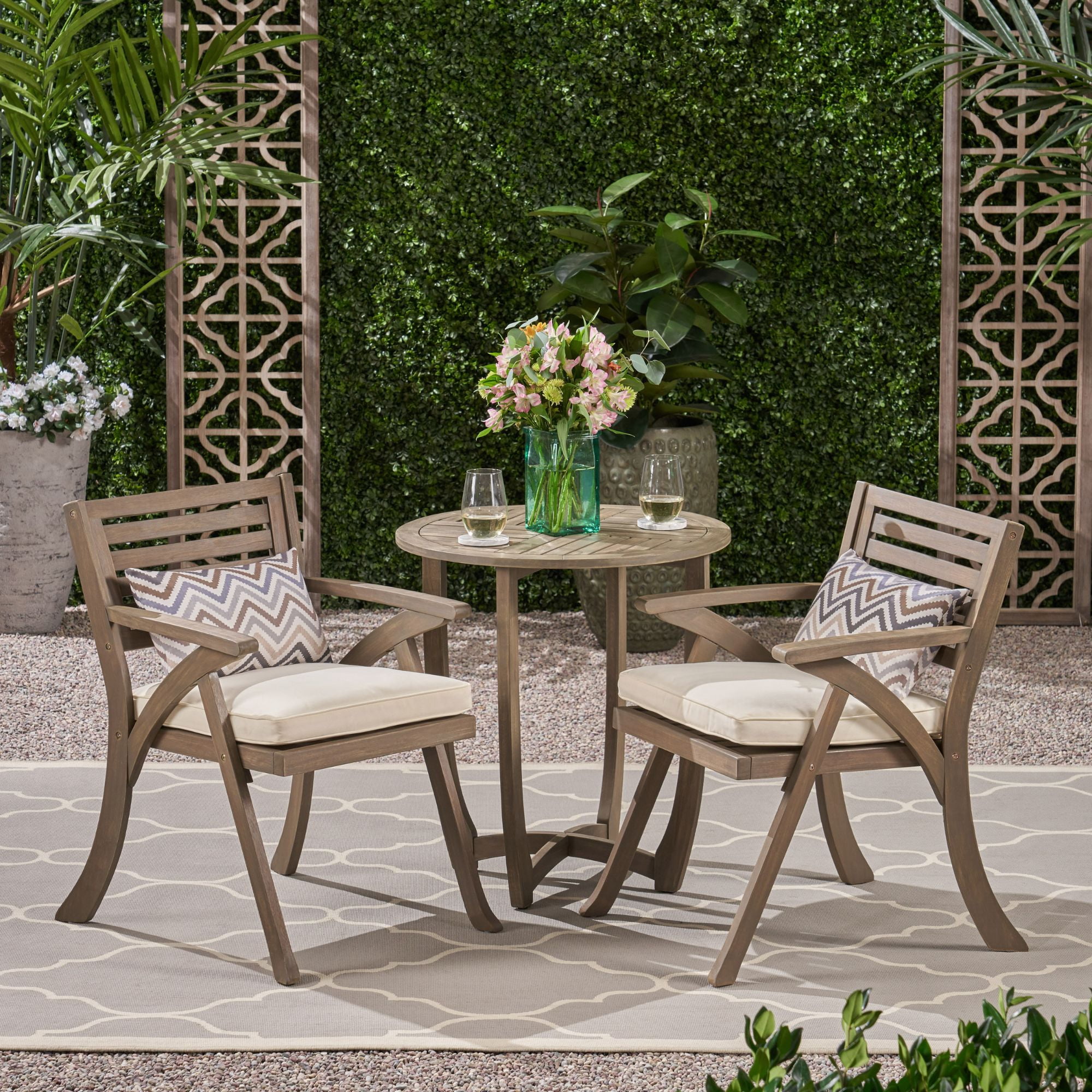 Contemporary Home Living 3-Piece Gray Outdoor Furniture Patio Bistro Set - Cream White Cushions