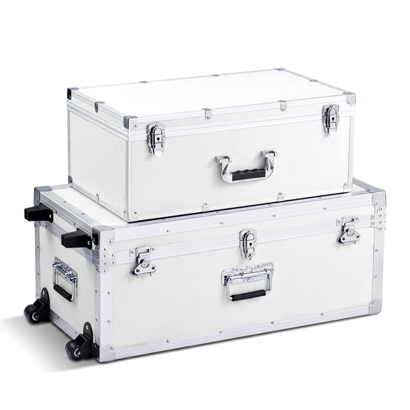 KFFKFF Set of 2 Metal Storage Trunks with Wooden Design, Includes Padlocks, Casters, and 3 Metal Handles, Decorative Storage Boxes with Lids for Travel, Home, Dorm, or Apartment, White