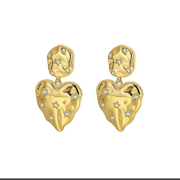 Clip on 1 12" silver or gold hammered clear stone dangle heart earrings