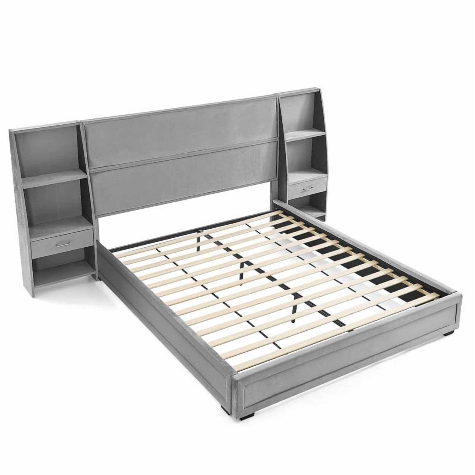Queen/King Size Modern Upholstered Platform Bed Frame, Velvet Storage Bed with Headboard, Side Bookcases & Drawers Nightstand