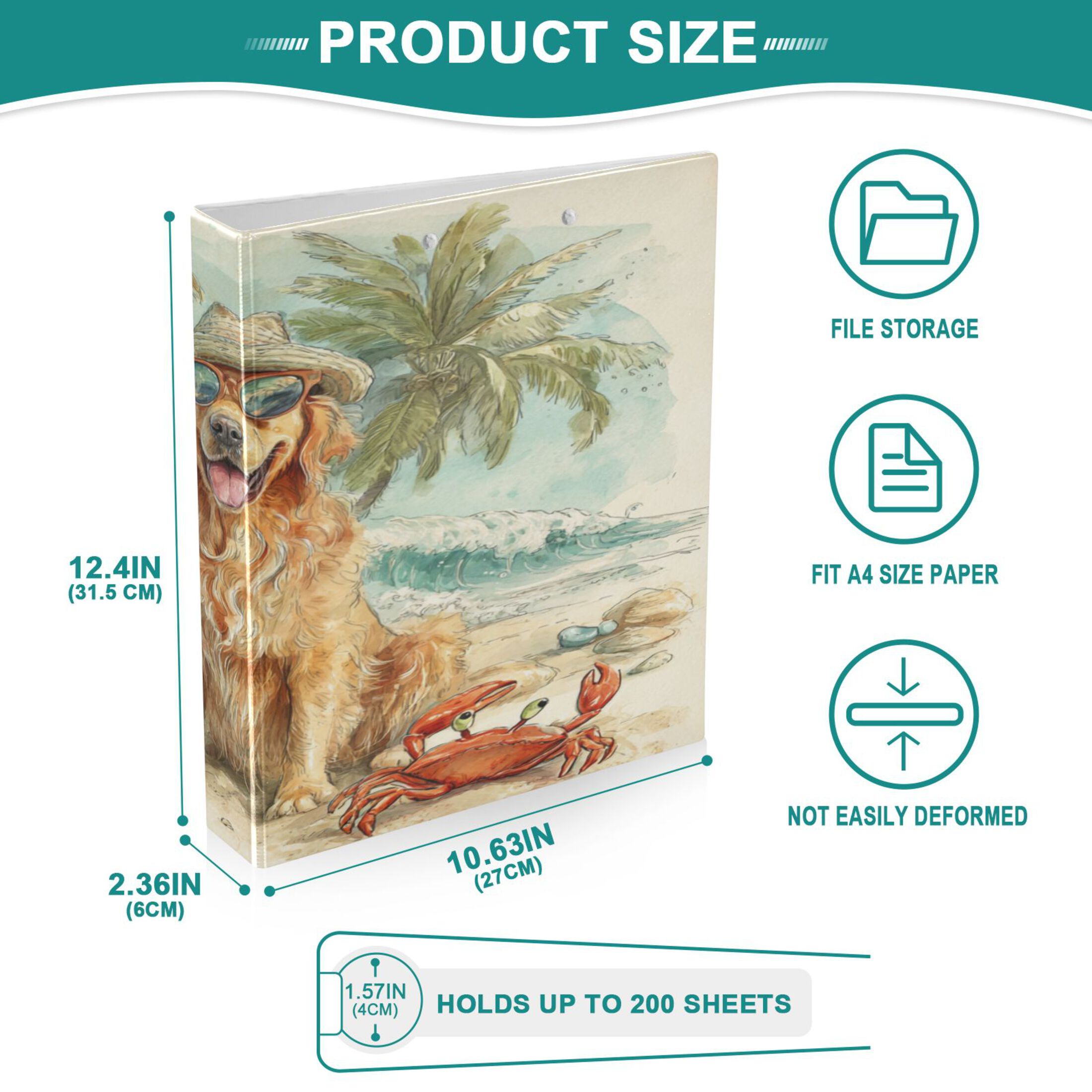 WOBOGO Summer Golden Retriever File Folders Extra Large Capacity to Hold 200 Sheets of Documents Hard Shell Ring Binder for School Home Office