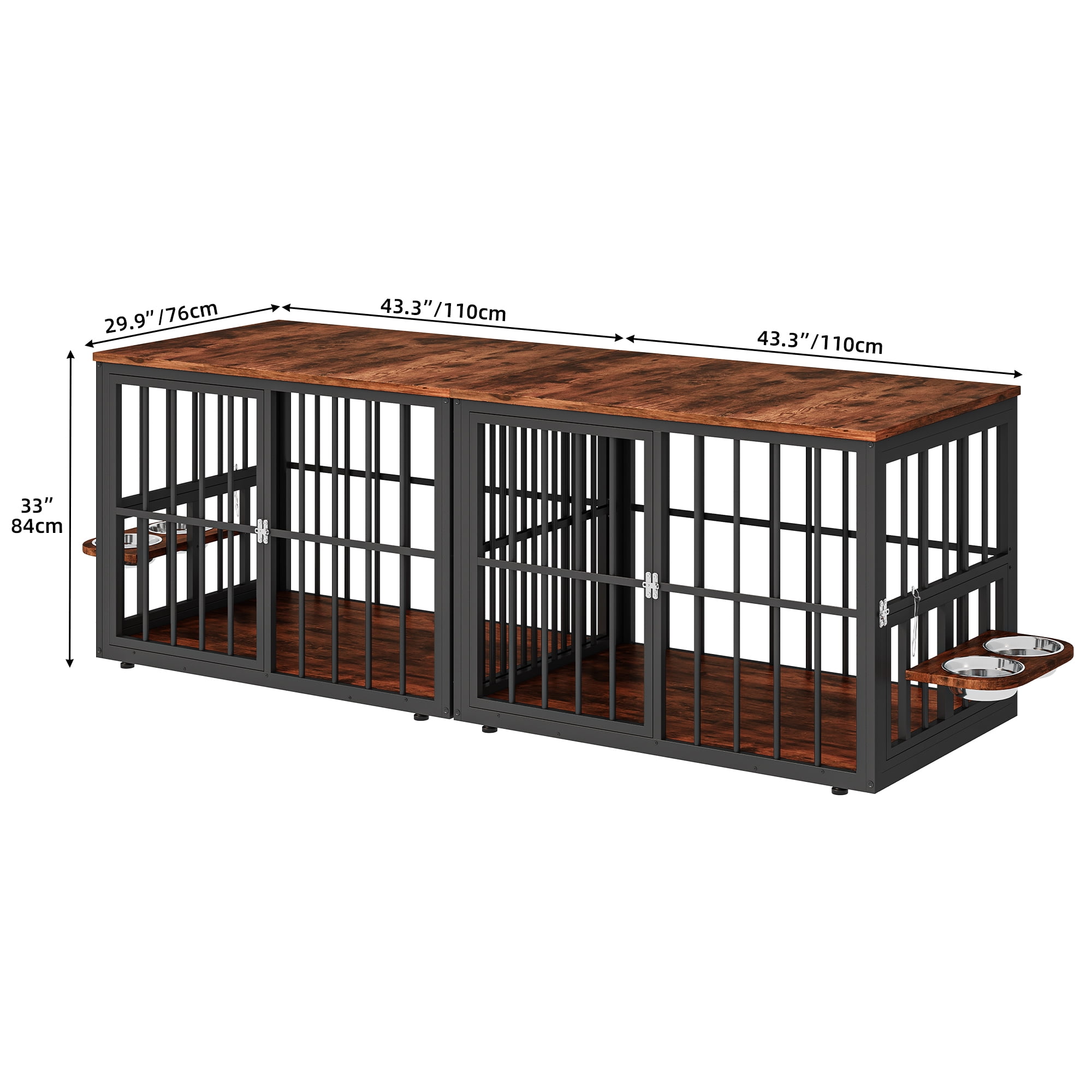 Dextrus 88.6" 4-in-1 Large Double Dog Crate Furniture,Heavy-Duty Wooden Dog Kennel with 360° Swivel Bowls & 3 Doors,Dog Crate Furniture TV Stand for 2 Medium/Large Dogs,Brown