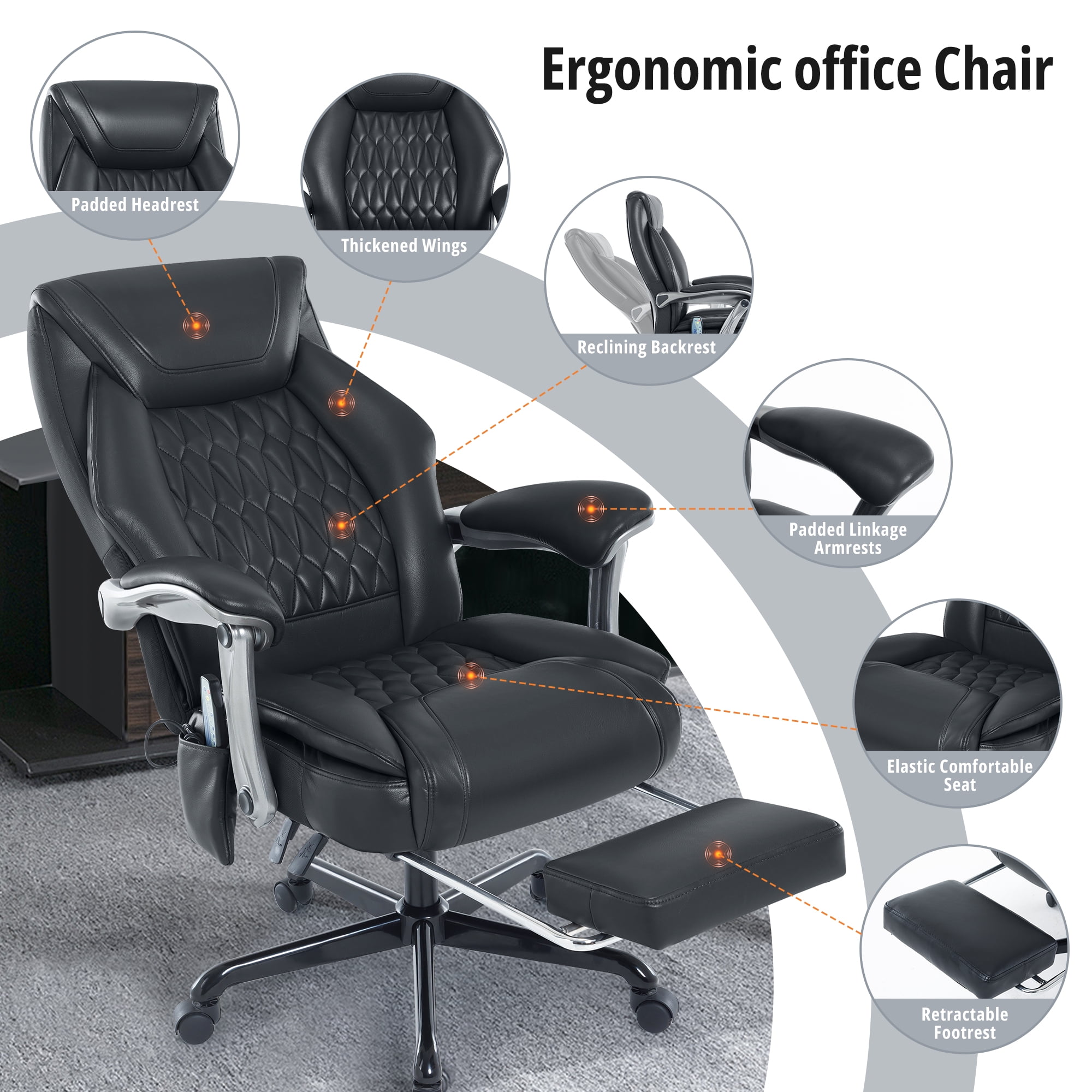 6-Point Massage Office Chair with Lumbar Support, Reclining Ergonomic Computer Desk Chair with Footrest for Full Support, PU Leather High Back Executive Computer Chair, Heated Executive Office Chair