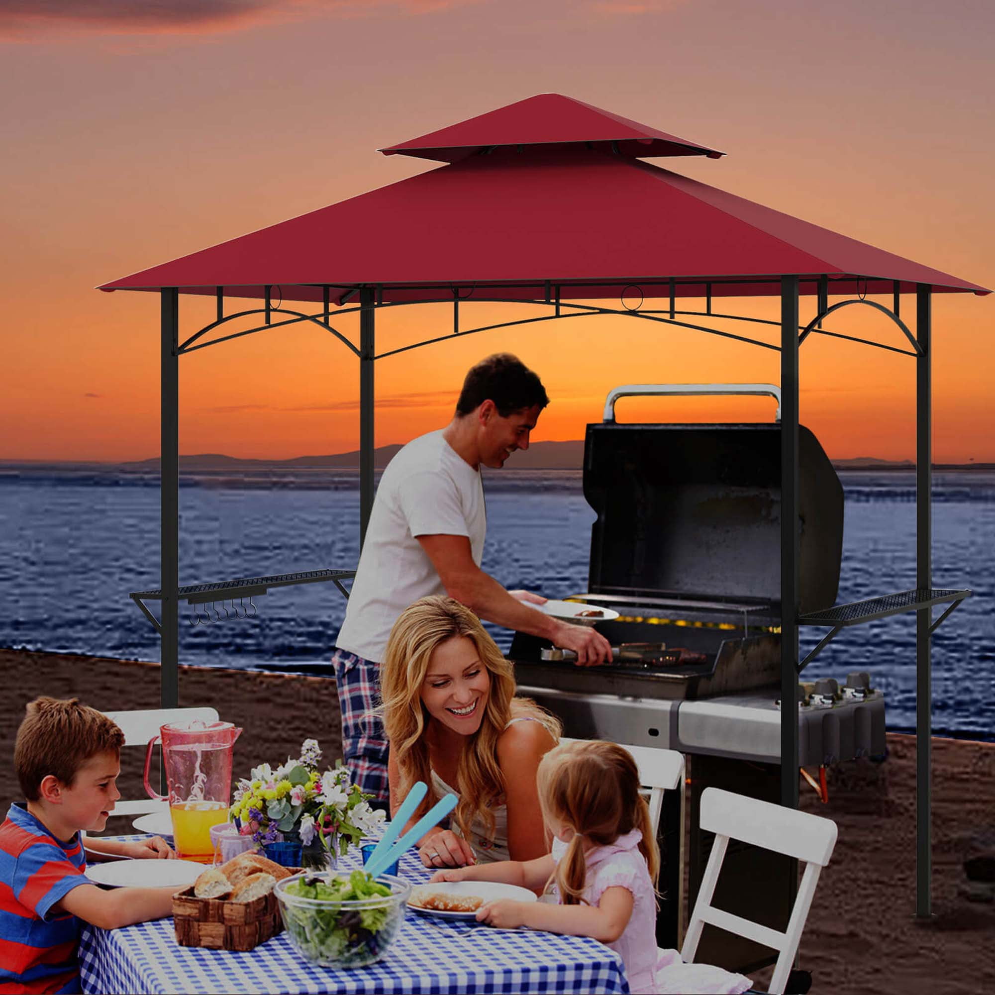 Costway 8' x 5' Grill Gazebo with 2 Shelves 7 Hooks Metal Frame Soft Top Wine