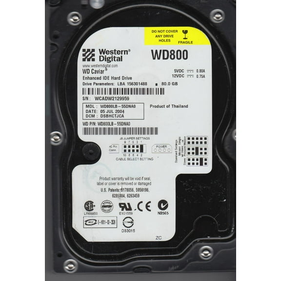 WD800LB-55DNA0, DCM DSBHCTJCA, Western Digital 80GB IDE 3.5 Hard Drive
