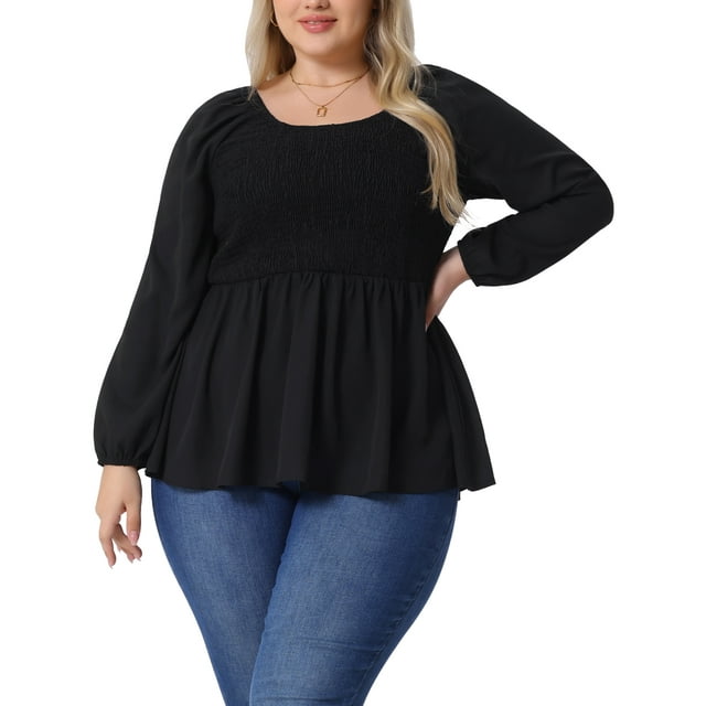 Blusa de Chiffon para Mujer Agnes Orinda Talla Grande con Cuello Redondo, Manga Larga y Peplum, 1X Negra