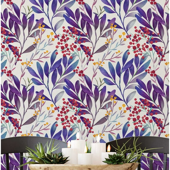 S4Sassy Self-Stick Decorative Wallpaper, Watercolor Berry Branches Wall Paper, Vinyl Waterproof Contact Paper, Purple, 25"X 120" Removable Renter Friendly Walls Covering For Bedroom, Dining Room