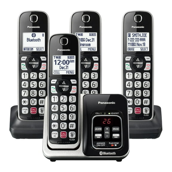 Panasonic KX-TGD86x Series Link2Cell Bluetooth Corded Cordless Phone with Answering Machine, 4-Handset, Black & Silver