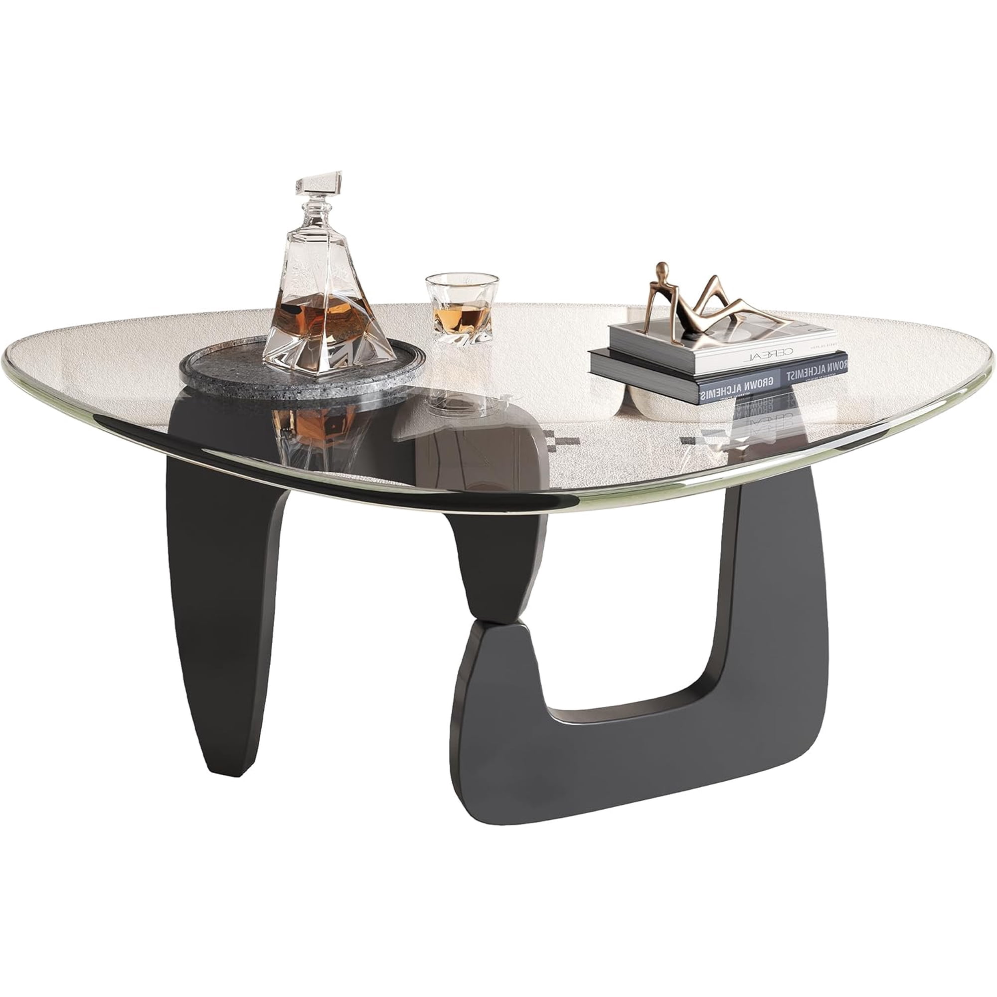 LEHOME Coffee Table, Small Glass Coffee Table with Solid Wood Legs, 32.7" Mid Century Triangle Living Room Tables, Modern Center Table for Small Spaces Living Room, Reception, Office, Black