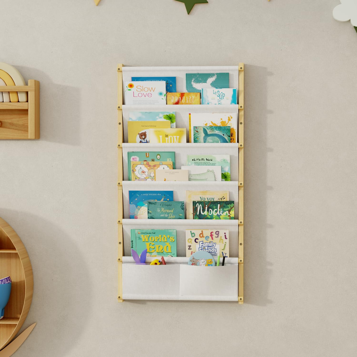 Wood 6-Tier Wall Mounted Kids Bookshelf – Montessori Floating Book Shelf For Kids Rooms, Classroom, Hanging Bookcase Organizer For Books, Toddler Book Shelf, Nursery Shelves (Small)