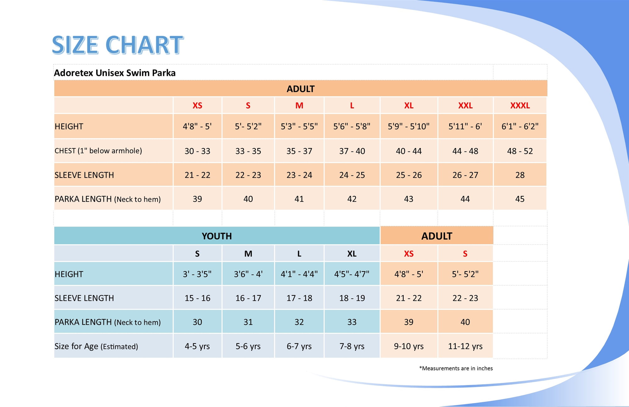 Swim Parka Size Chart