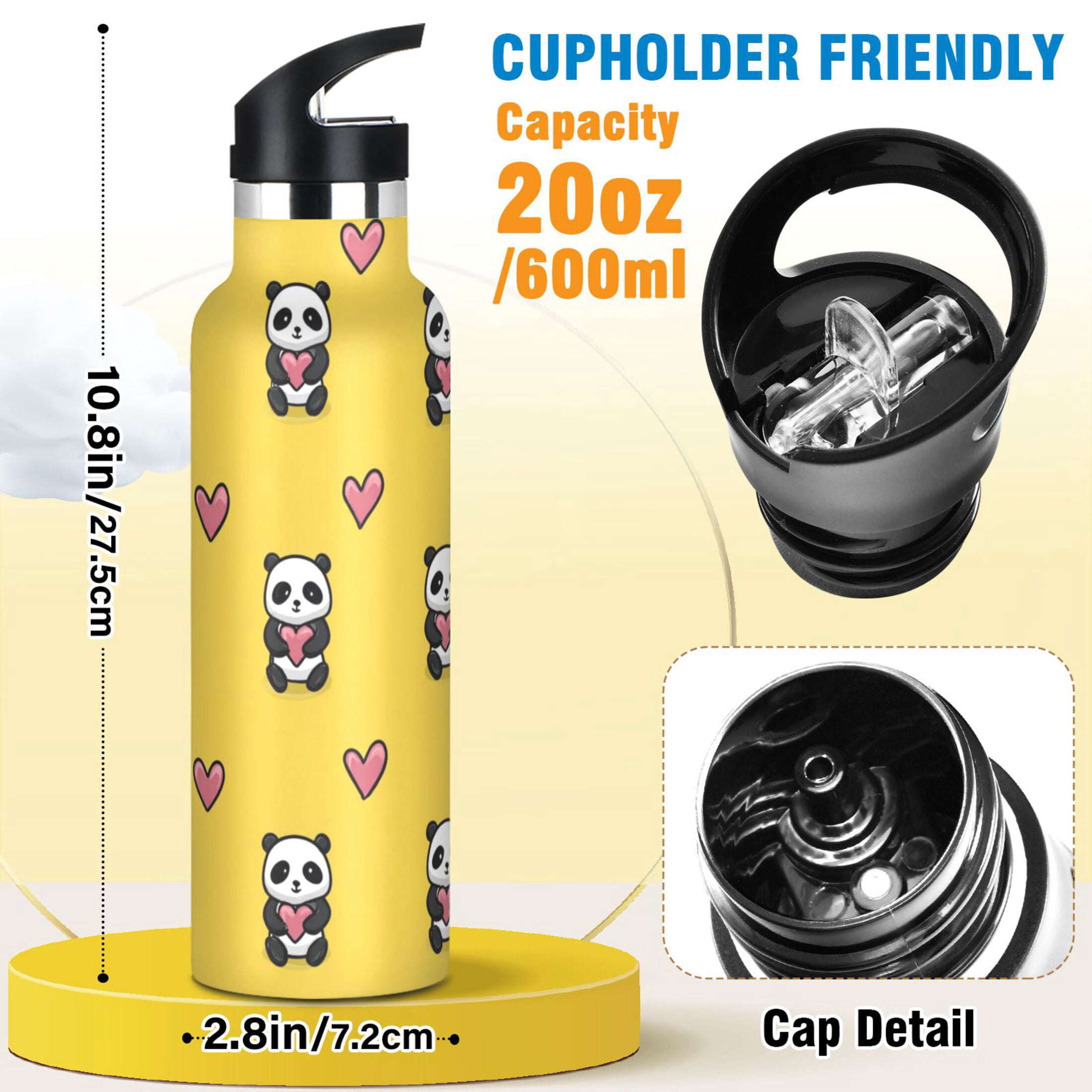 Kids Insulated Stainless Steel Sports Water Bottle 600ml Panda Cartoon with Heart Pattern