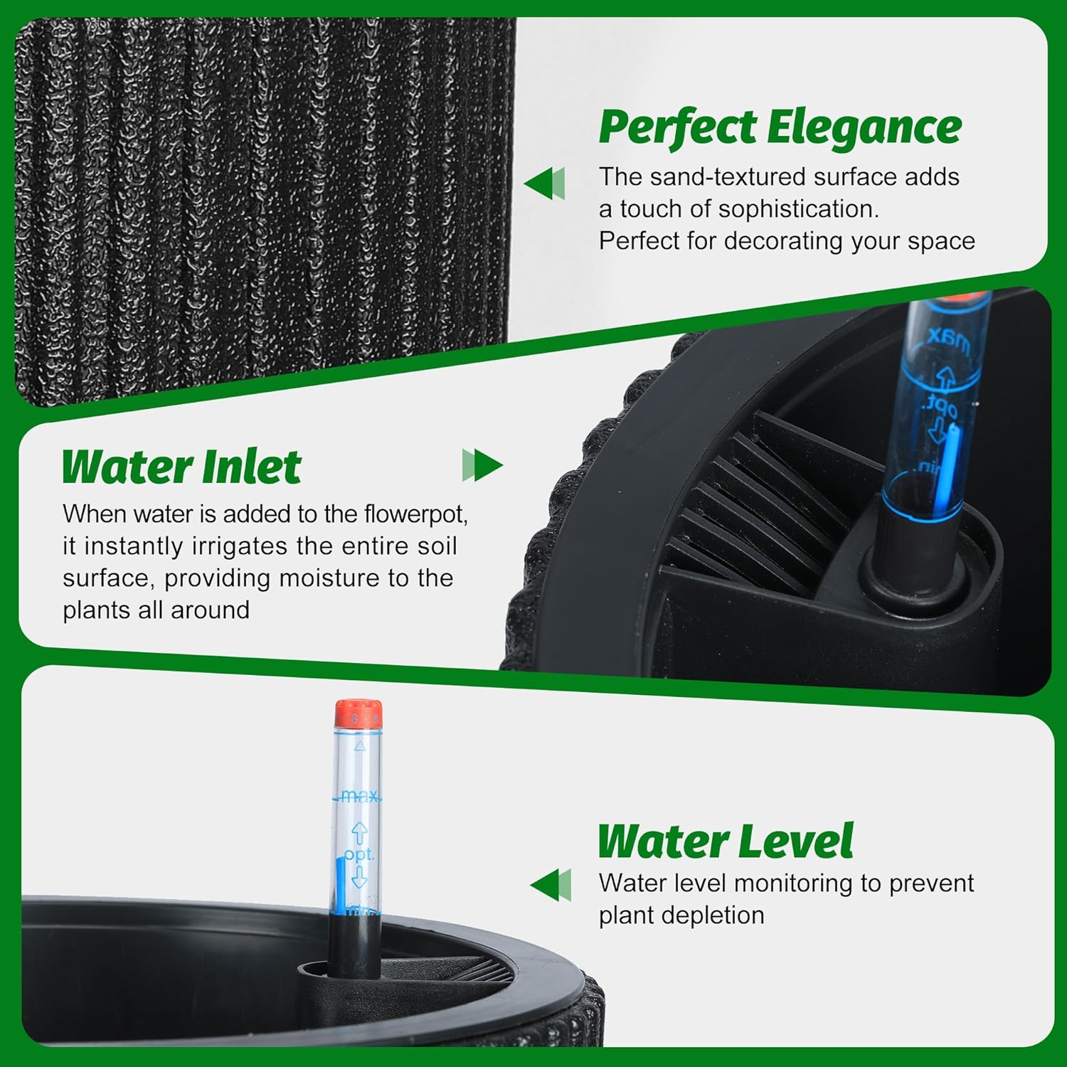 Riedhoff 14.2" Planters Pots Set of 2, with Inner Bucket & Water Level Monitor, Black