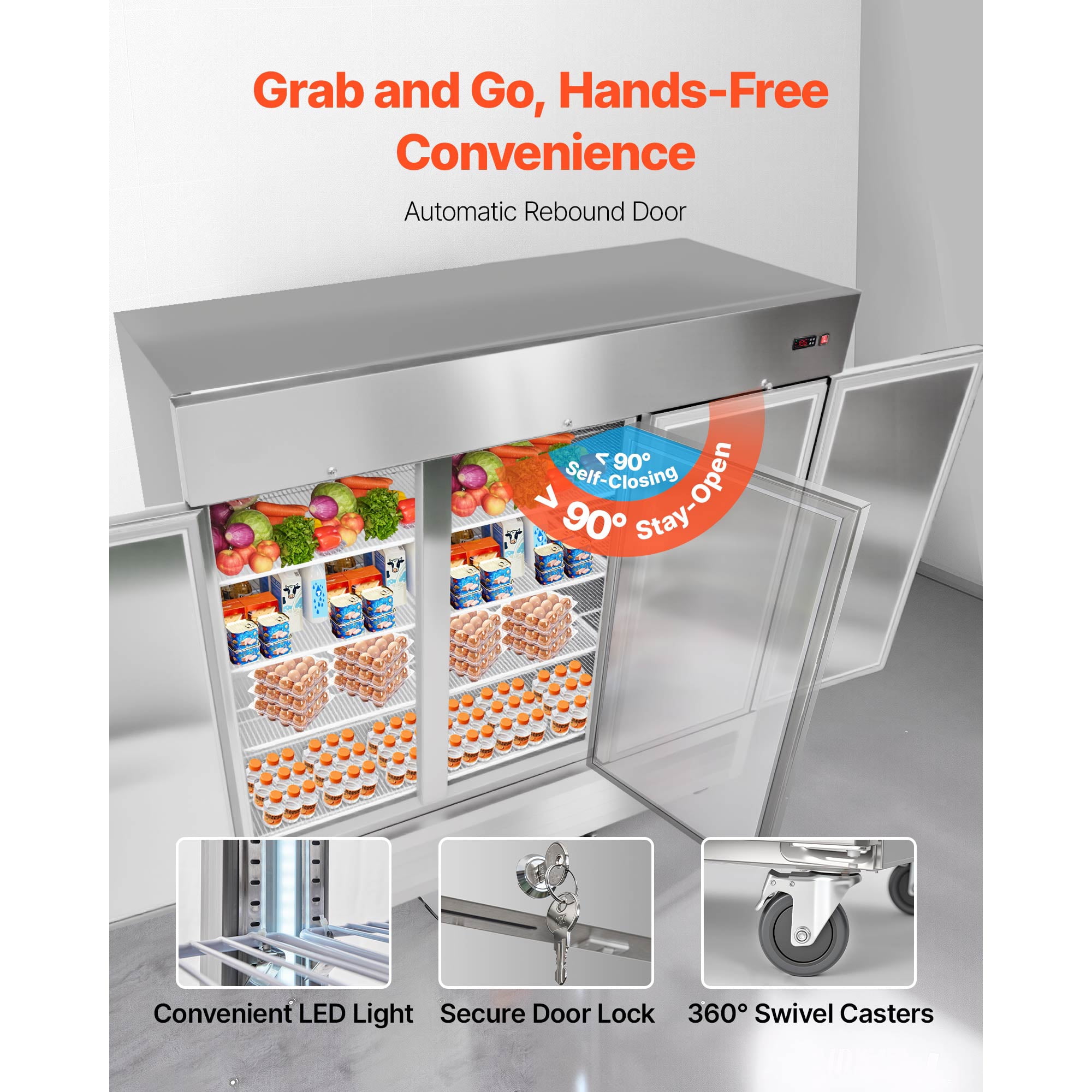KFFKFF Commercial Stainless Steel Refrigerator, 85" Wide, 69 Cu.Ft Capacity, Three-Door Upright Design with Auto-Defrost, 12 Adjustable Shelves, Temperature Range 32-50℉, ETL Certified