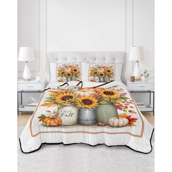 Quilts King Size, Fall Pumpkin Soft Comforter Bedding Set for Bed, Autumn Thanksgiving Maple Leaves Floral Plants Lightweight Quilted Bedspread with Pillow Cover(2 Pieces) for All Season, 96x106 Inch
