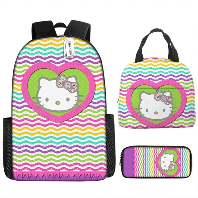Mochila escolar de Hello Kitty para niños, bolsa de almuerzo de gato lindo, bolsa de almuerzo aislante, mochila de dibujos animados, estuche de lápices, juego de tres piezas