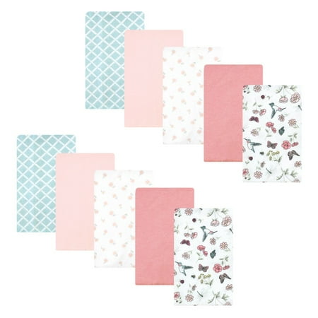 Hudson Baby Infant Girl Cotton Flannel Burp Cloths, Hummingbird Garden 10 Pack, One Size