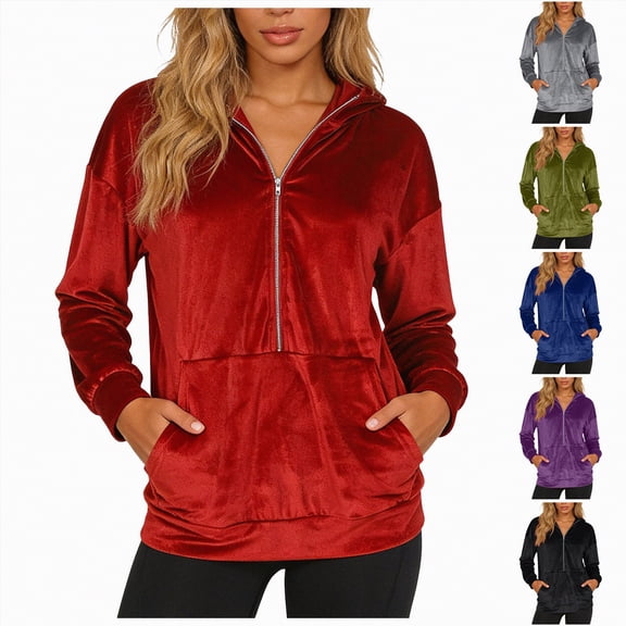 larppty Women's Velour Hooded Jacket Long Sleeve Half Zip Outerwear Soft Warm Velvet Jacket with Kangaroo Pocket (AG, M)