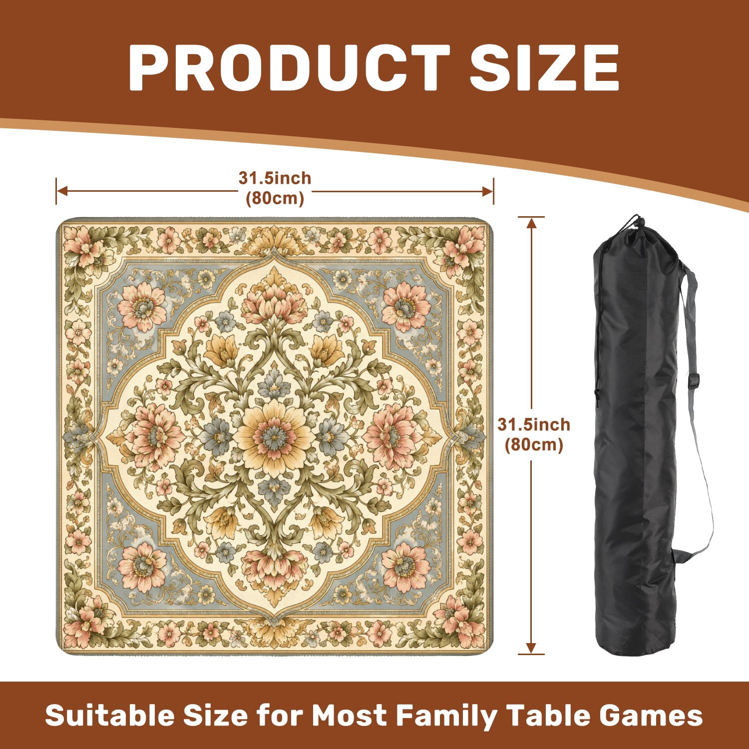 Mahjong Mat 31.5" x 31.5" Ornate Floral Bird Elegant Intricate Details Non-Slip Noise Reduction Mahjong Tiles Table Cover for Dominoes Poker Card Board and Tile Games