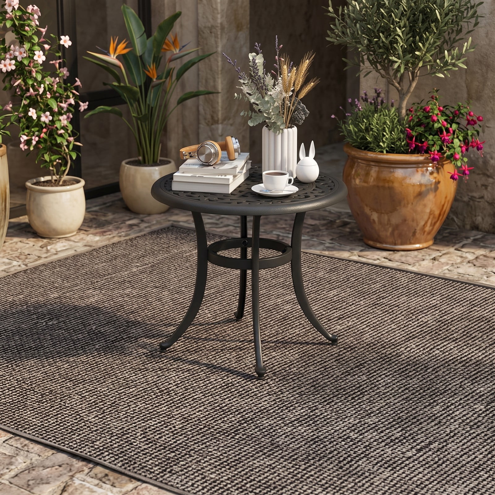 Furnibear 24 Inch Round Cast Aluminum Patio Side Table with Adjustable Footpads for Poolside and Backyard, Antique Brown