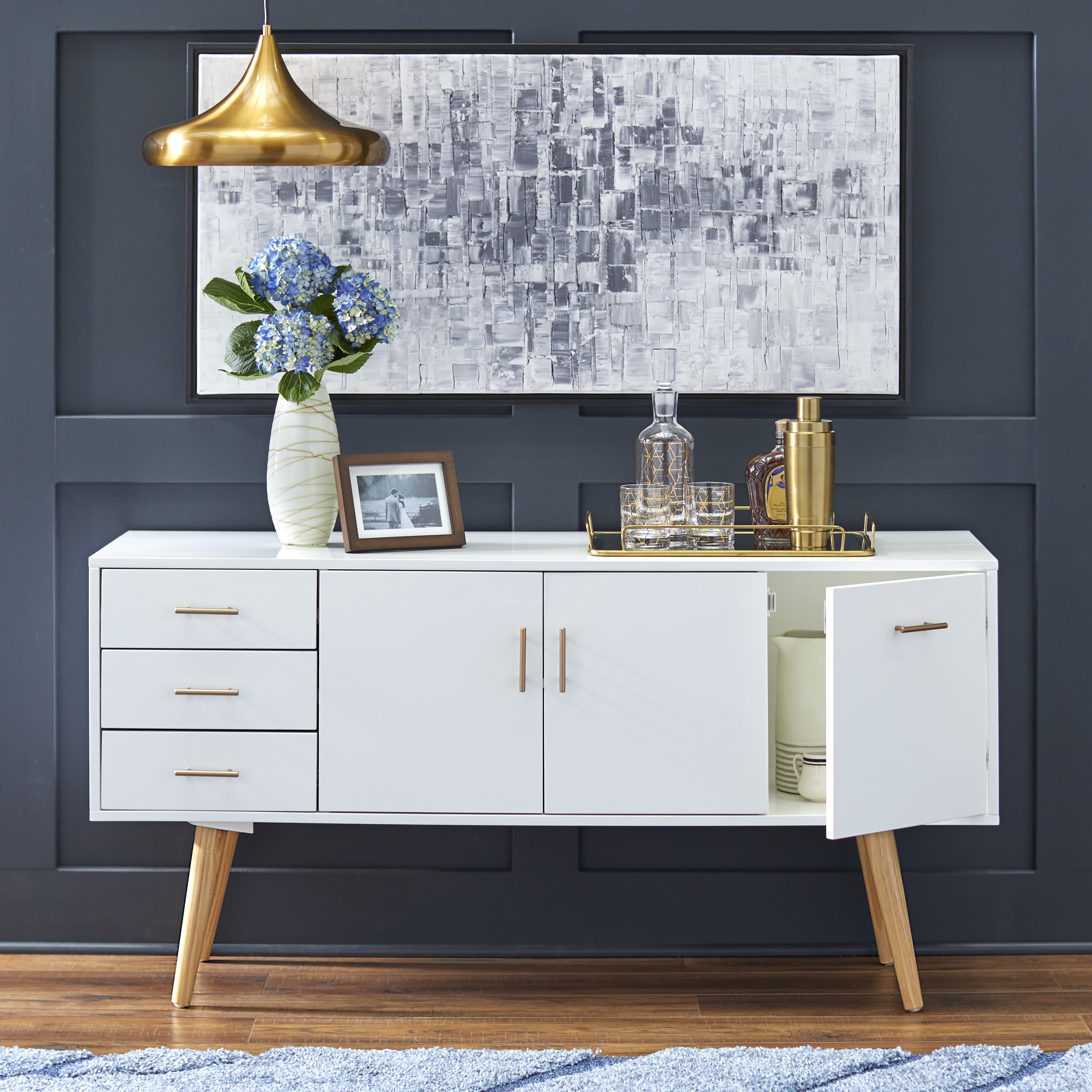TMS Maura Mid-Century Modern 56” Wide Dining Room Sideboard Buffet, White Finish