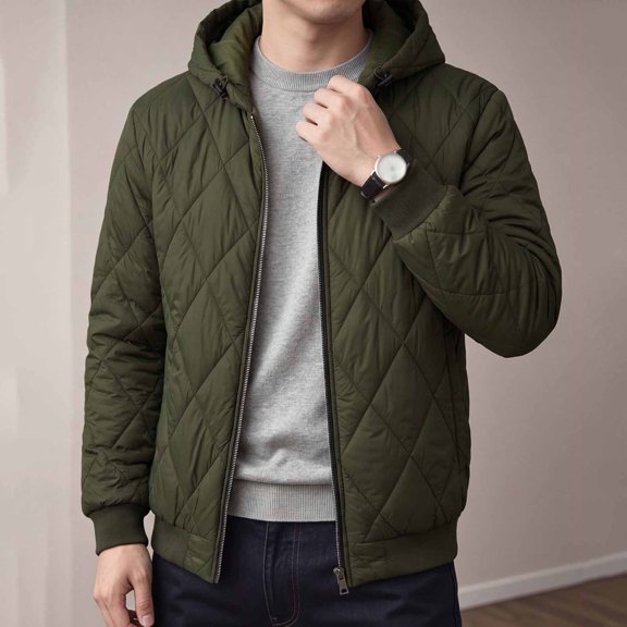 Mens Winter Jackets Zip Up Hooded Jackets Casual Jacket Men Coat Army Green S