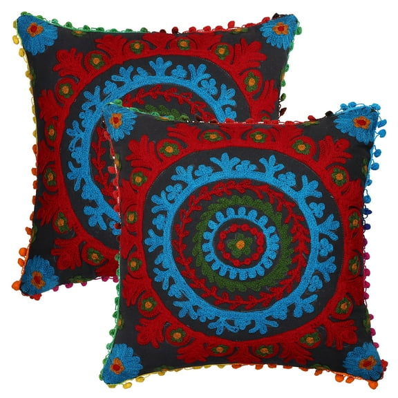 Stylo Culture Ethnic Sofa Throw Pillow Covers 16x16 Embroidered Suzani Black Stylish 40 x 40 cm Pom Pom Lace Cotton Floral Square Cushion Covers | Set Of 2