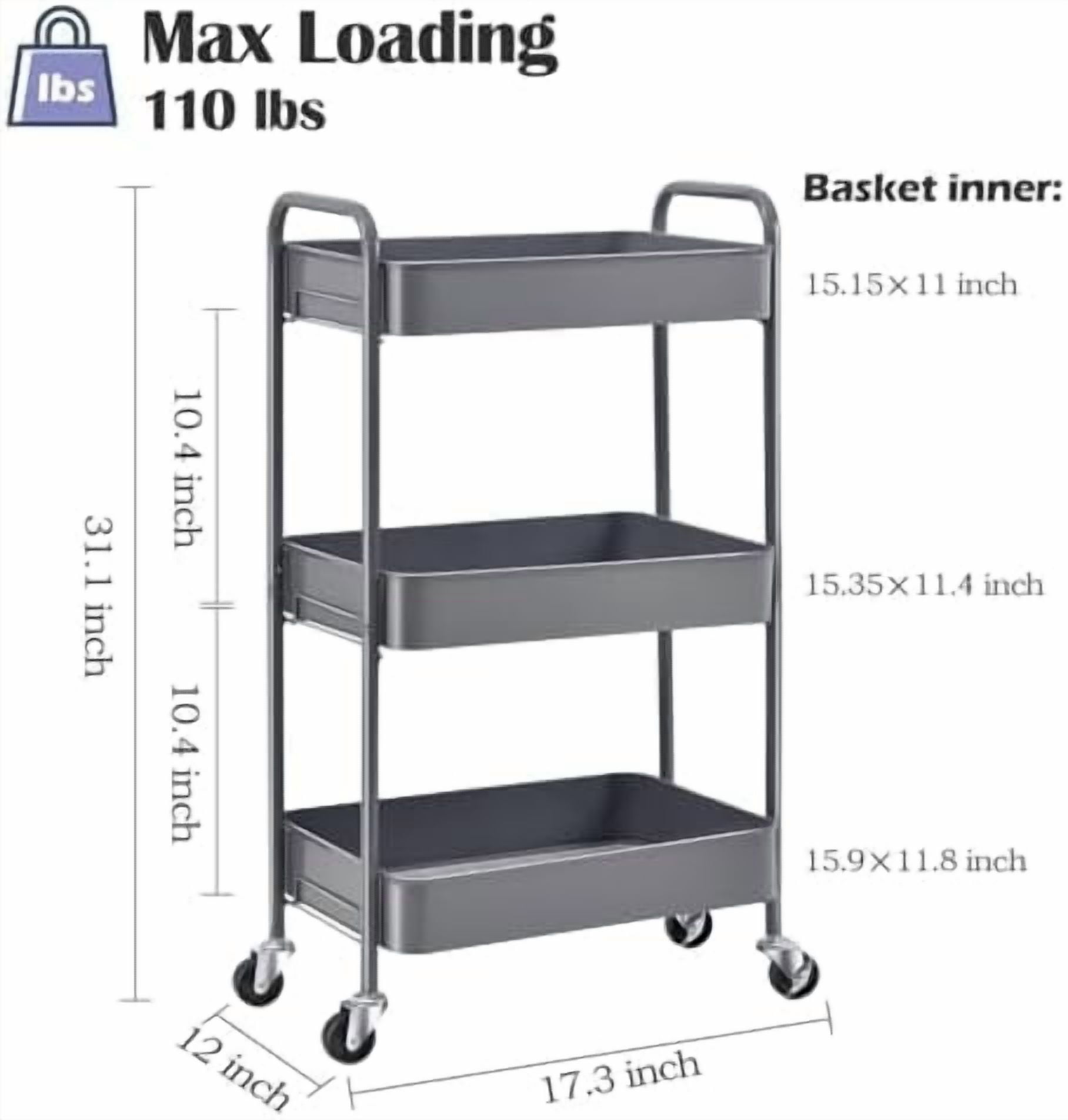 3-Tier Metal Rolling Cart with Wheels, Storage Utility Organizer Cart for Kitchen, Bathroom, Office, Baby Essentials & Makeup - Lockable Casters, Easy Assembly, Large Capacity, Gray