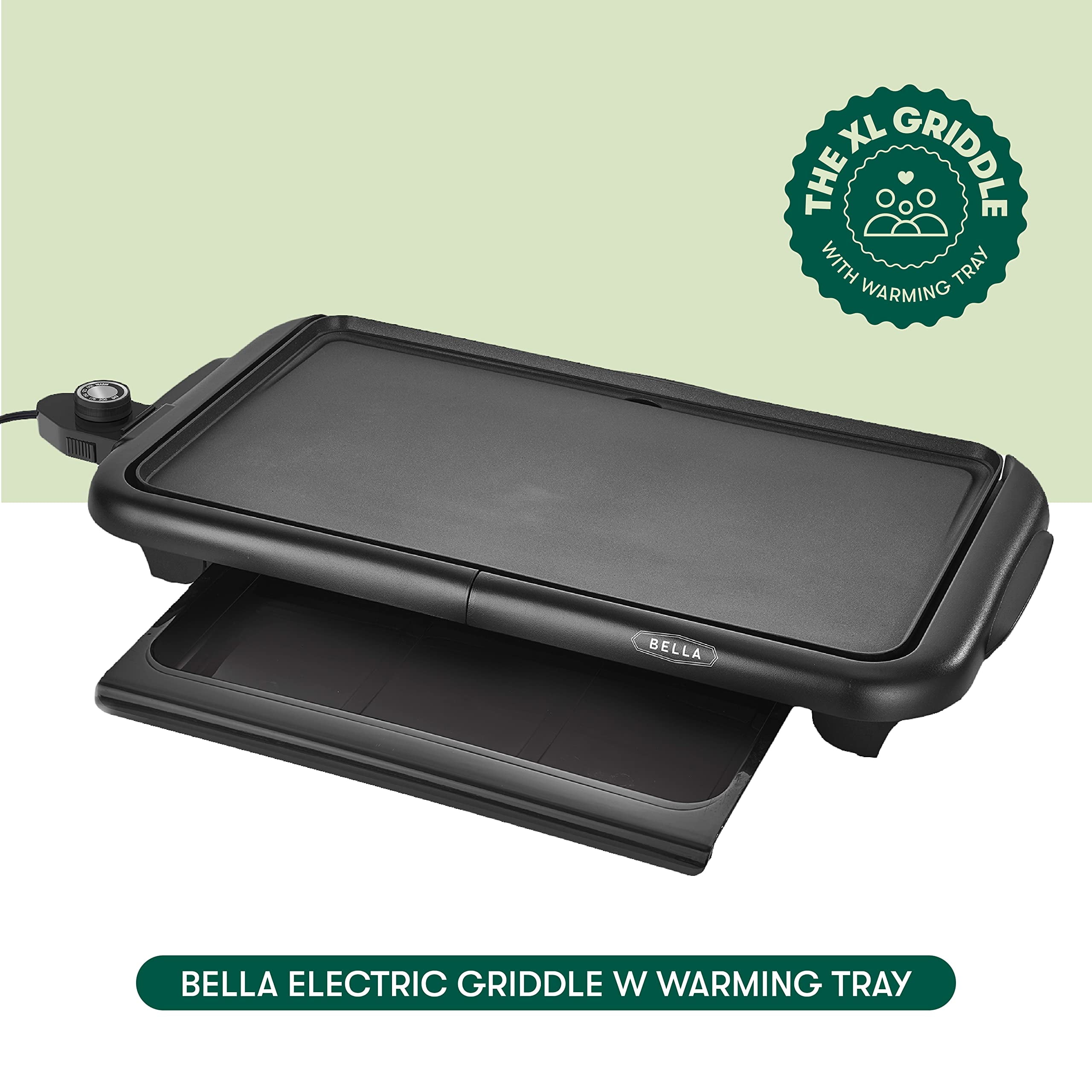 BELLA Plaque de cuisson antiadhésive de 25,4 x 40,6 cm, bouton de commande réglable avec 7 réglages, passe au lave-vaisselle, sans PFOA, noir