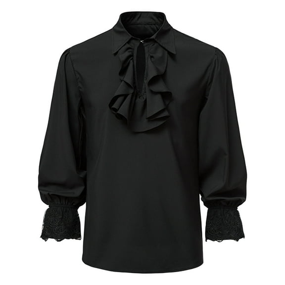 TIHLMK Casual Blouse Men Casual Fashion Pullover Long Sleeve Stand Collar Ruffled Renaissance Shirt Steampunk Trumpet Sleeve Top Black