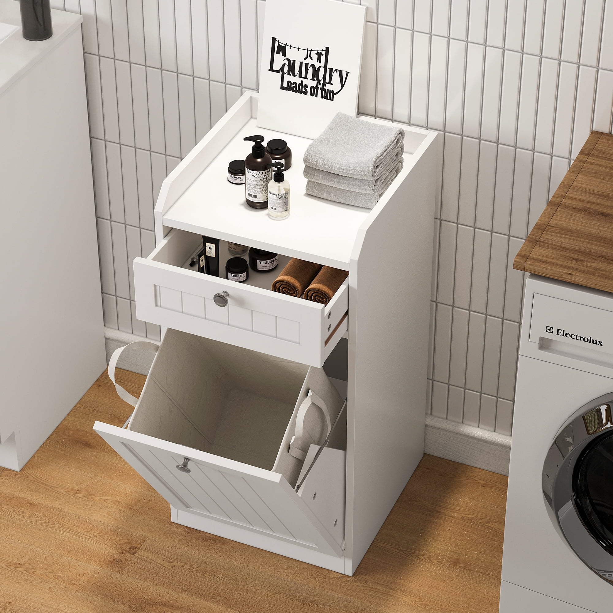 Bathroom Laundry Cabinet Tilted Cabinet with Drawer Storage Cabinet For Kitchen Trash Can Cabinet,White