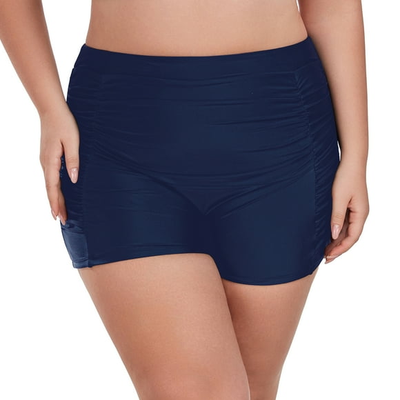 Ocean Blues Women's Plus Size High-Waisted Ruched Board Shorts Boyshorts Swim Bottoms Navy Blue Swim Shorts for Women, Size Large