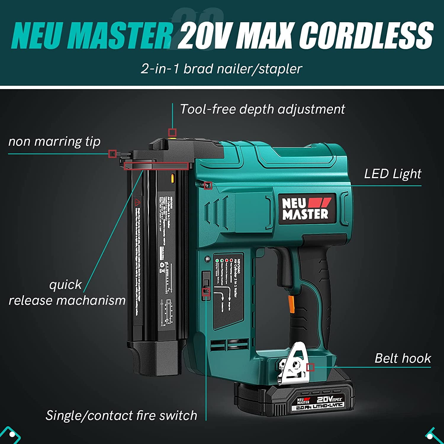 NEU MASTER Cordless Brad Nailer , 18 Gauge 2 in 1 Nail Gun/Staple Gun with 2.0Ah Li-ion Battery, 1000pcs Nails and 500pcs Staples Included, for Home Improvement, Woodworking