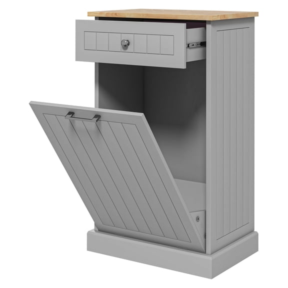 Kitchen Trash Cabinet, Free Standing Tilt Out Trash Bin with Drawer & Recycling - Gray Wood Finish Grey   MDF