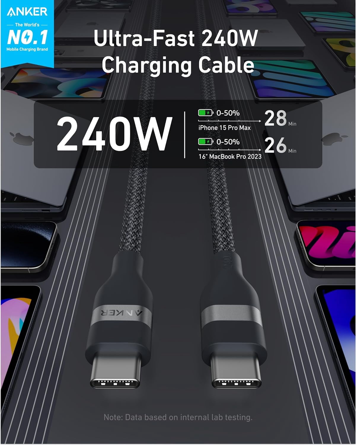 Anker Nano USB C Cable, 240W Flexible Multi-Color Braided Cord, Fast Charging Type C Charger, compatible for iPhone 17 Series, MacBook Pro and More (Black, 6ft)