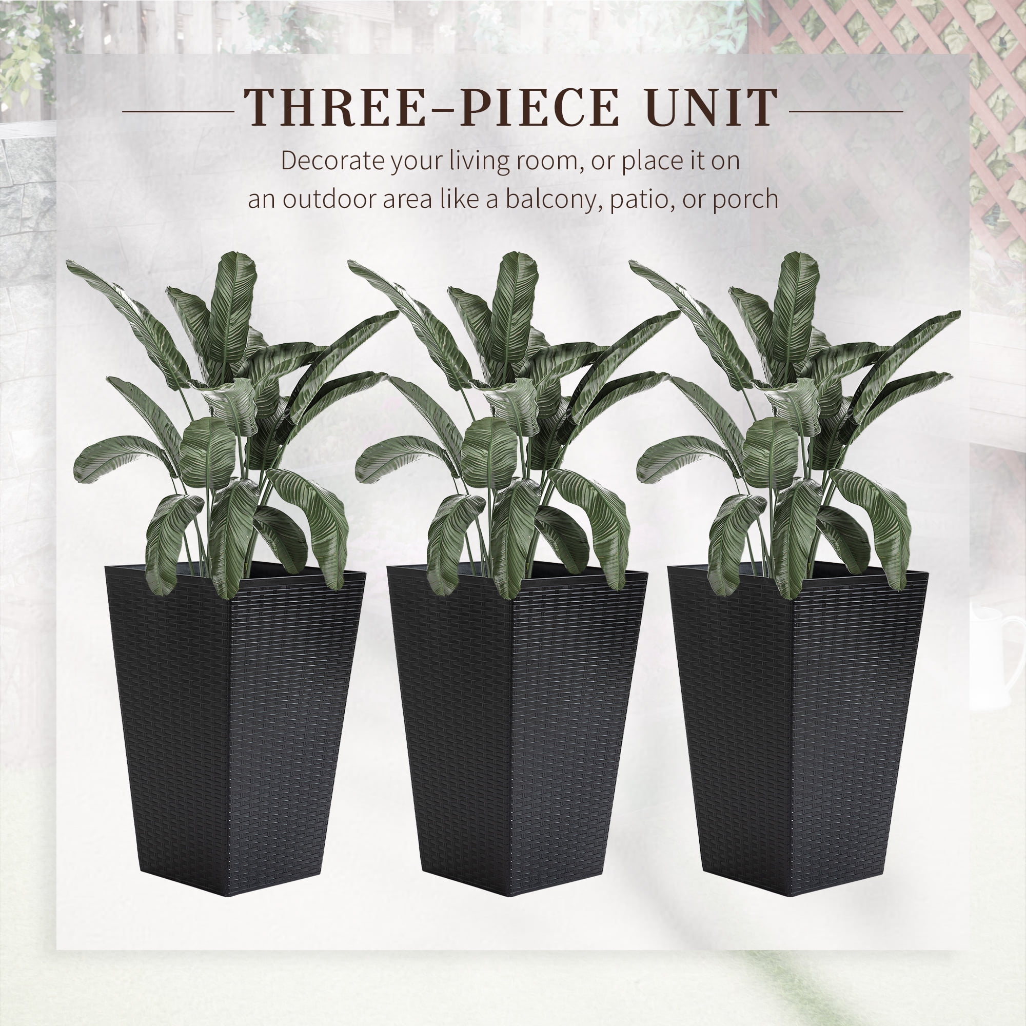 Outsunny Set of 3 Tall Planters with Drainage Hole, Outdoor Flower Plant Pots, Indoor Planters for Porch, Front Door, Entryway, Patio and Deck, Black