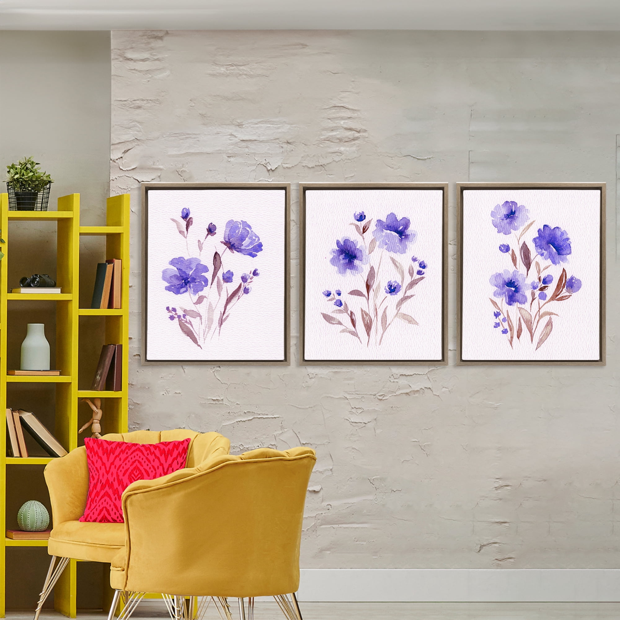 Stupell Industries Watercolor Purple Blooms 3 Piece Brown Framed Floater Canvas Set, design by Leah Noel Art