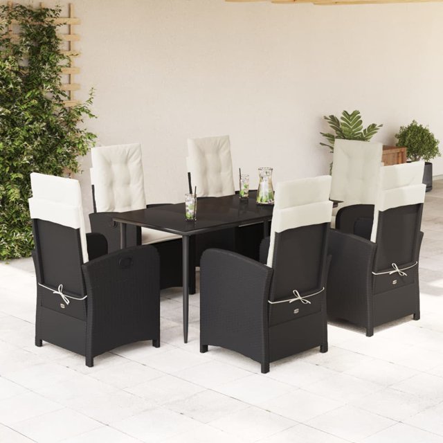 vidaXL 7 Piece Garden Dining Set with Cushions Black Poly Rattan