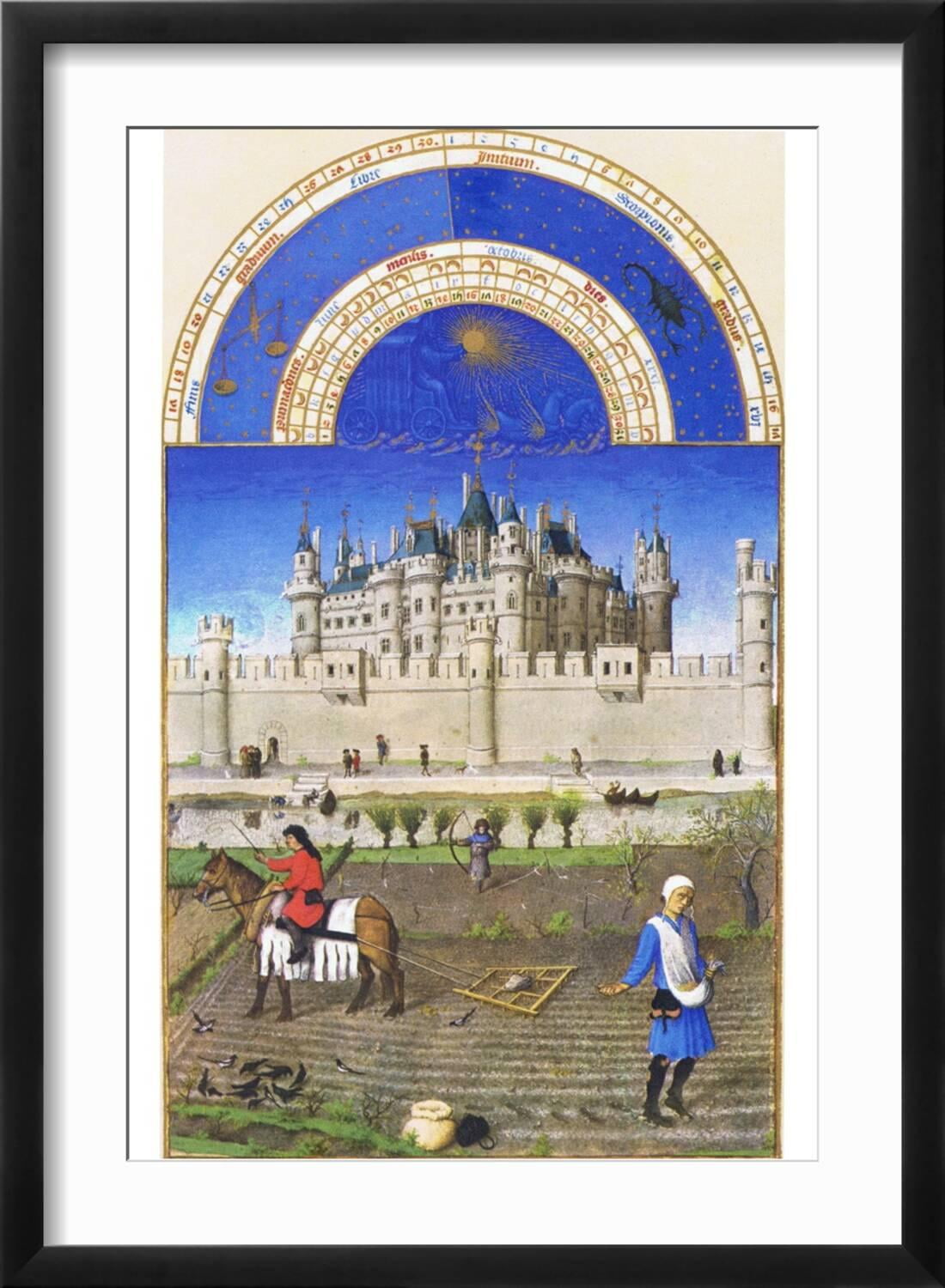 Art.com Le Tres Riches Heures Du Duc De Berry - October Art Print by Paul Herman & Jean Limbourg, Black Frame Wall Art, 17" x 23"
