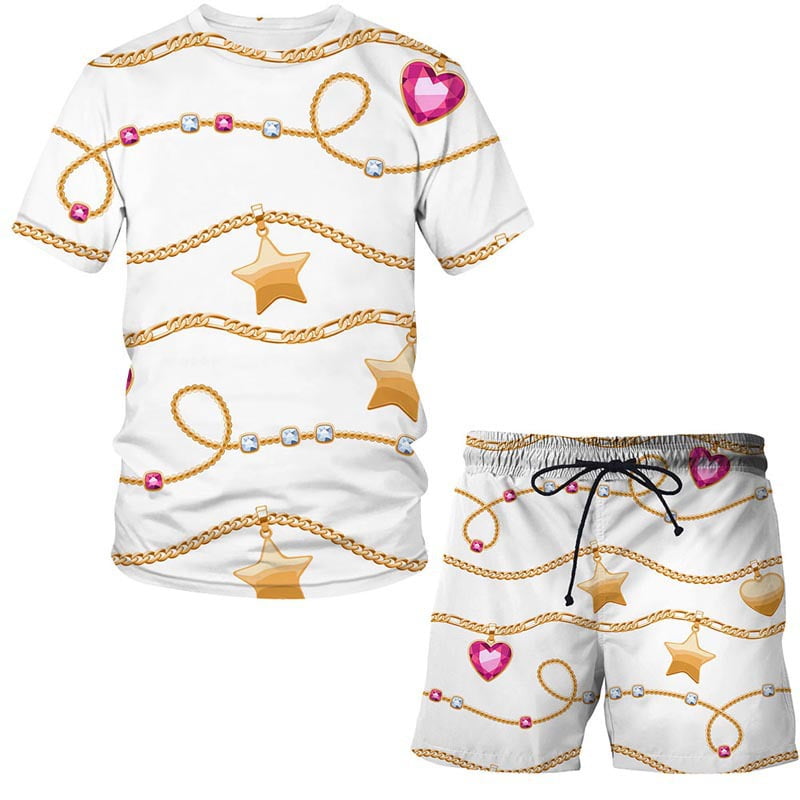 Outfits for Men 2 Piece Sets,Fashion Summer Gold Chain 3D Digital