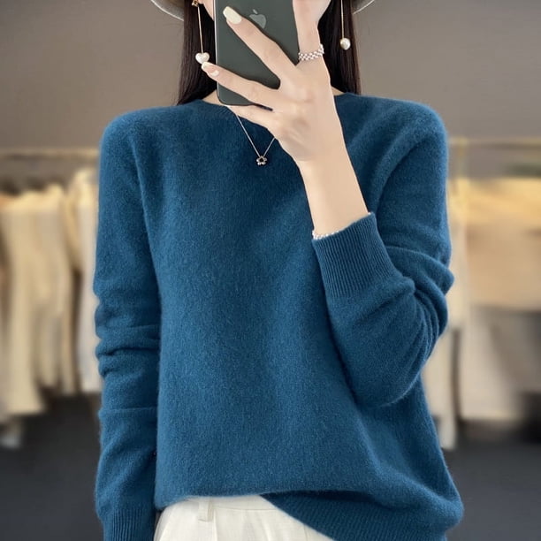 Suéter de punto de lana pura para mujer, fino, de cuello redondo, manga larga, holgado, camisa de base de lana