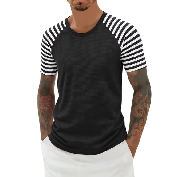 Wxolcjlv Men's T-Shirt Strip Print Waffle Coew Neck Short Sleeve Tshirt Summer Casual Breathable Tee For Daily Wear Festive Celebration,Size XS-5XL