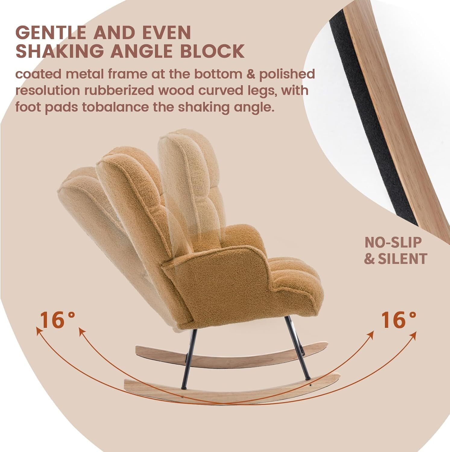 Nursery Rocking Chair Teddy, Upholstered Glider Rocker with High Backrest, Comfortable Stylish Accent Armchair with Padded Seat for Living Rooms, Bedrooms, Brown