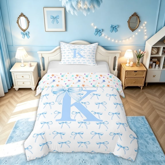 meiyoeat Cartoon Bow Letter K Twin Duvet Cover for Girls, Princess Ribbon Print Twin Bedding, Blue, Colorful Star Reversible, 2-Piece, 1 Duvet Cover and 1 Pillowcase