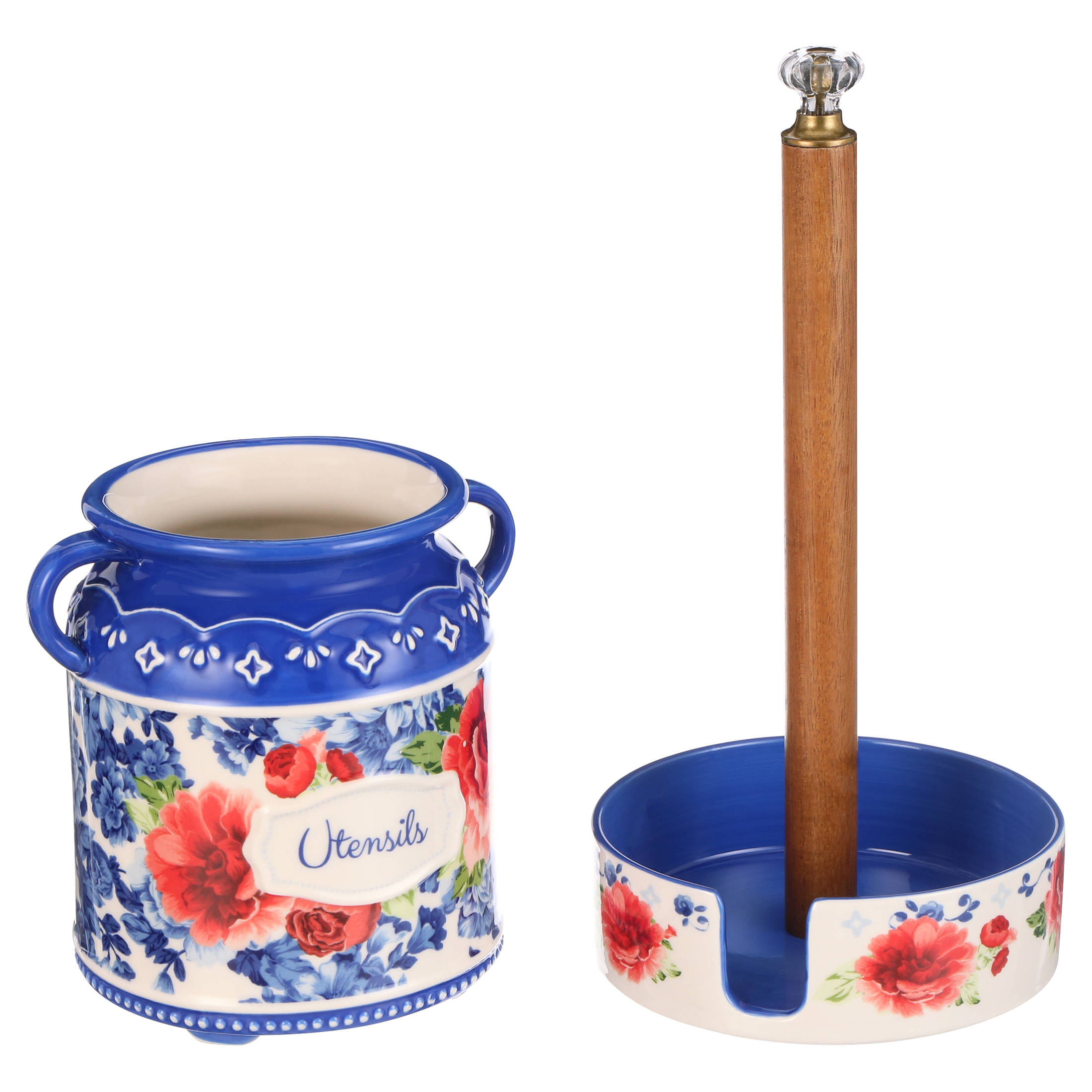 The Pioneer Woman Floral Stoneware Paper Towel Holder and Utensil Holder Combo, 2 Pieces